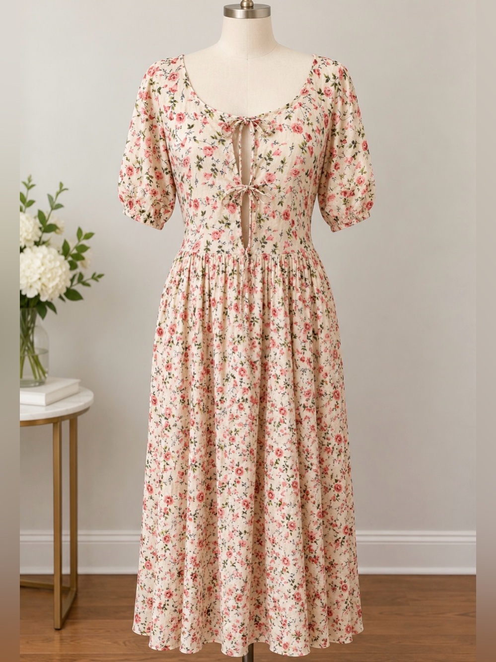 Vintage Floral Maxi Dress Cottagecore Boho Rose Print Tie Front Puff Sleeve Midi